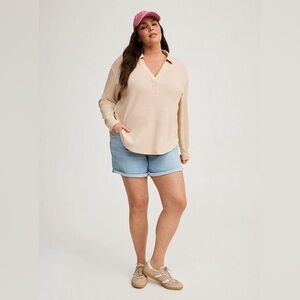 TORRID Waffle Collared Drop Shoulder Vneck Top Beige Womens 2X Casual Boho Comfy